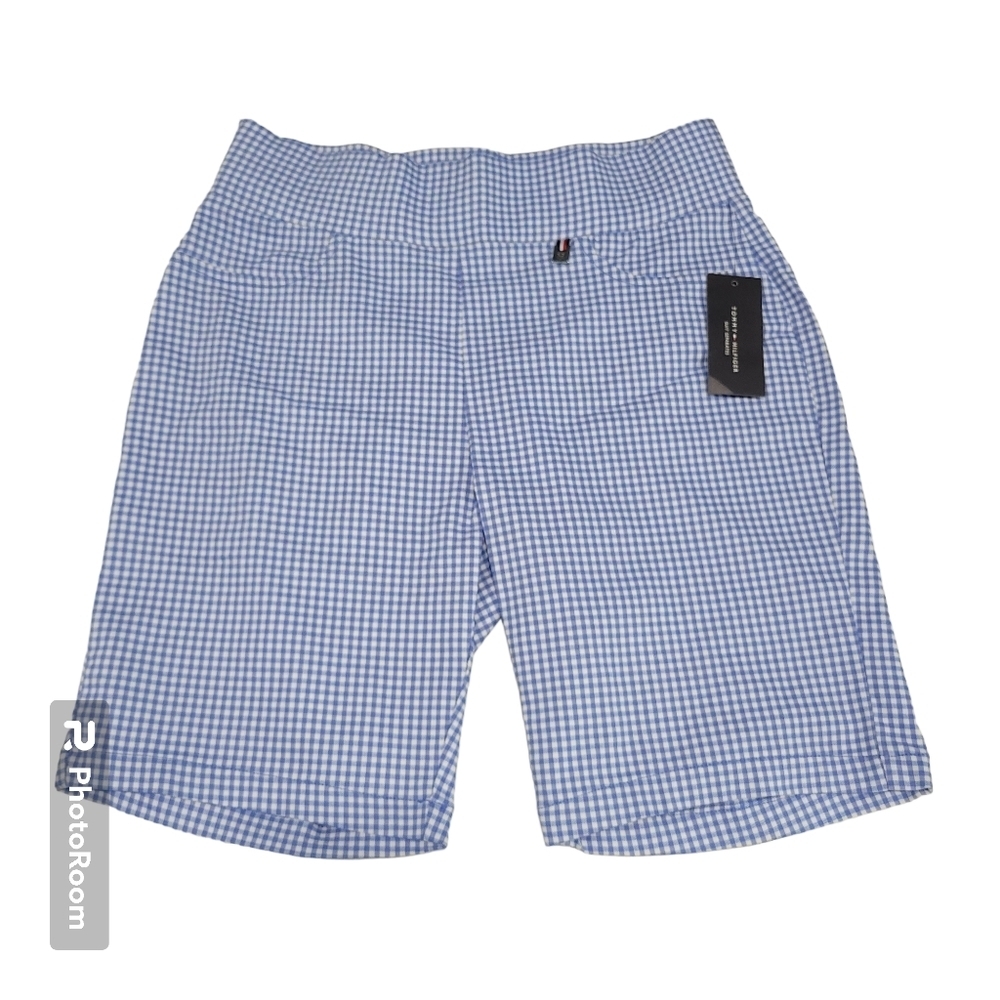 Tommy Hilfiger Women's Blue & White Check Print Stretch Shorts Size 8 Summer